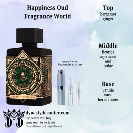 Happiness Oud - Fragrance World  - SAMPLE / DECANT (See pictures for sizes)